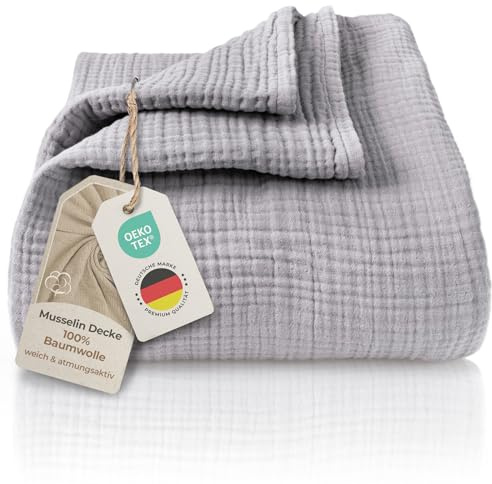 LAYNENBURG Premium Plaid canape Grande Taille en Mousseline 100% Coton – Couvre lit Respirant 4 Couches, Plaid Grande Taille, Jeté de canapé - Couverture légère 150x200 cm de Gris