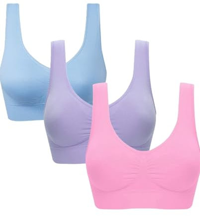 PBE 3 Pack PADDED Comfort Bra Women Girls Crop Top Seamless Bralette Sleep Yoga Stretch Vest Wire Free - 3 PACK Light Pink/Light Purple/Light Blue - X LARGE