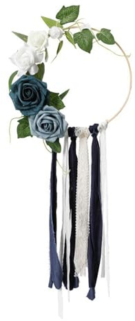 LEMCC Blumen-Reifenkranz, Holz-Reifenkranz mit Künstlichen Rosen und Band, Künstliche Rosen-Blumenkranz-Girlande für Hochzeiten, Hängender Blumenkranz für Hochzeitsbogen-Hintergrund, Tür- und(Blau)