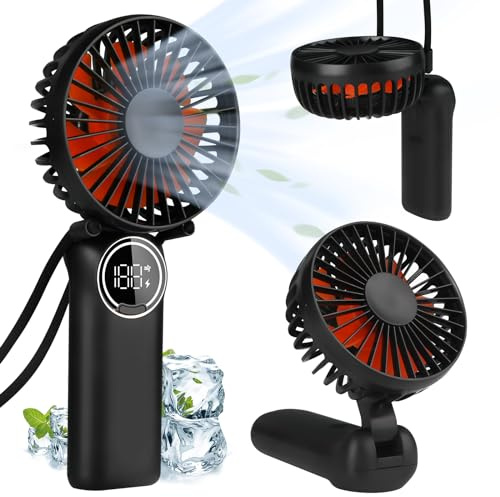 LtYioe Portable Fan, Mini Desk Fan Rechargeable with LED Display, 180° Foldable Personal Hand Fan with Lanyard as Neck Fan, Strong Wind and 6 Speed for Travel Makeup Eyelash Beach Outdoor(Black)
