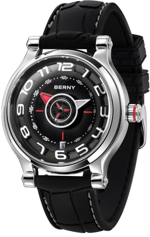 BERNY Montre Mécanique pour Hommes Montre Automatique Boussole Super lLumineuse Cadran Pneu Montre-Bracelet Cool Montre Fashion Lentille Saphir Etanche à 5ATM
