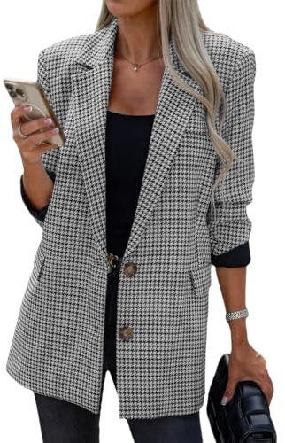ebossy Damen Casual Oversized Blazer Anzug Revers Knopf Plaid Arbeit Büro Jacke Wolle Erbsenmantel
