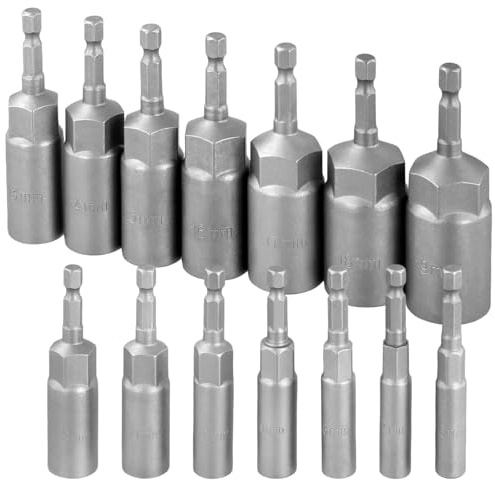 MOUYAT Juego de 14 llaves de vaso de impacto profundo, juego de brocas de destornillador de 6 a 19 mm con vástago hexagonal de 1/4 pulgadas, destornilladores de tuerca métricas, puntas de