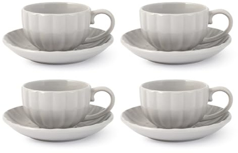 H&H-Set 4 Tazze Te' con piattino, linea Lotus, 220 cc, in stoneware, colore grigio, lavabili in lavastoviglie