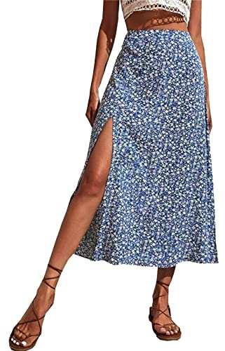 Générique Jupe Longue Femme Ete Fluide Bohème de Plage Florale Chic Taille Haute Decontractée Mi Longue Portefeuille Mode