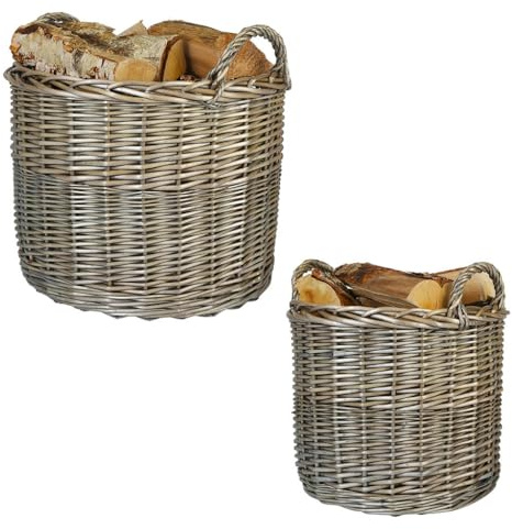 Wicker Log Basket Kindling Bucket Set of 2 Vintage Style Fireside Log Burner Fireplace Wood Storage Crates with Carrying Handles