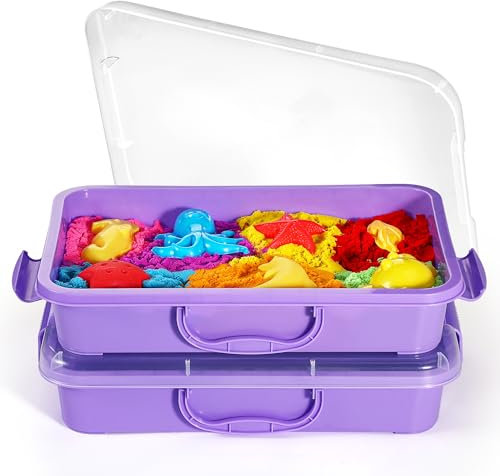 Lot de 2 bacs à sable sensory Bin avec couvercle et poignée - Portable - Pour enfants - Plateau d'activité en plastique pour les tout-petits - Violet