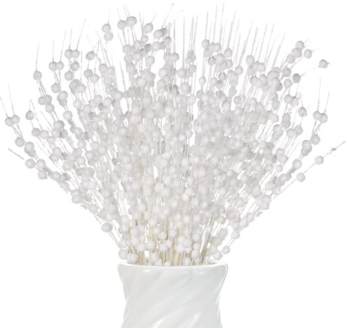 Jmkcoz Artificial Glitter Berry Stem Ornaments Fake Christmas Picks Decorative Glitter Berries Bead Sticks Twigs for Christmas Tree Topper Wreath Holiday Wedding Party (12, White)