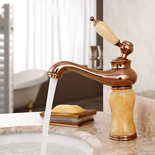 CCKUHN All Copper Natural Jade Hot and Cold Water Faucets, Rose Gold Marble Antique Faucets, Golden Faucets
