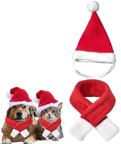 Katzen Hunde Weihnachtskostüm,Haustier Weihnachtsmütze und Schal Kleidung,Weiß Dicker Fellrand Weihnachtskostüm,Lustig Deko Weihnachts Outfit Geschenk,für Klein Hund Katze Weihnachts Outfit Geschenk