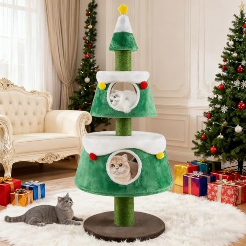 GYMAX Rascadoren Forma de Árbol de Navidad, Rascador para 2 Gatos, Suave Superficie de Felpa & Base Estable Ampliada, Decoración de Interior para Navidad con 1 Juguete de Resorte