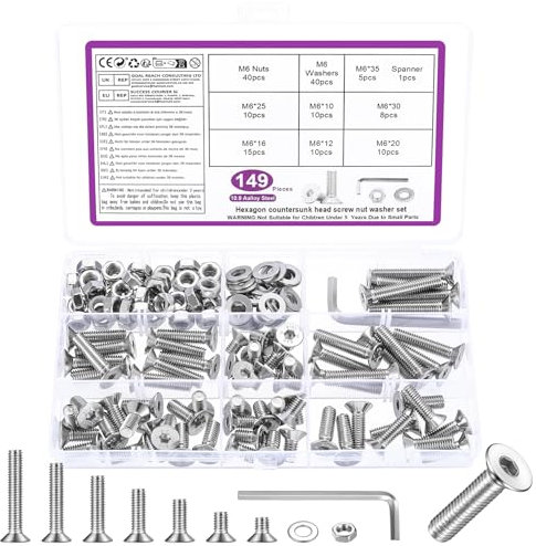 149 Pcs Tornillos M6 Kit con Tuercas Avellanadas y Tornillos de Cabeza Hueca Hexagonal