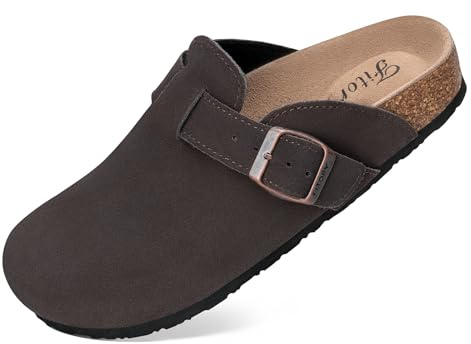 FITORY Women's Leather Clogs, Flat Slip On Suede Mules Size 3-9 UK | Ladies Soft Comfy Cork Footbed Graden Footwear, Closed Toe Potato Shoes with Arch Support for Casual