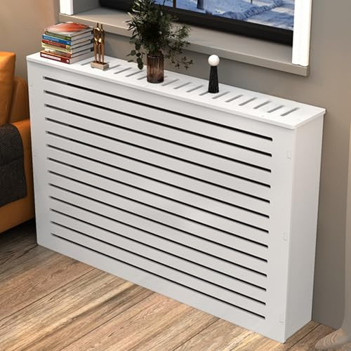 Heizkörperverkleidung Holz Heizkörper Abdeckung Weiß Vertikal Lamell Heizungsverkleidung Modernes Schrank Lamellen-Design Heizkörperabdeckung Radiator Cover für Schlafzimmer Wohnzimmer(L100*H80*T25cm/