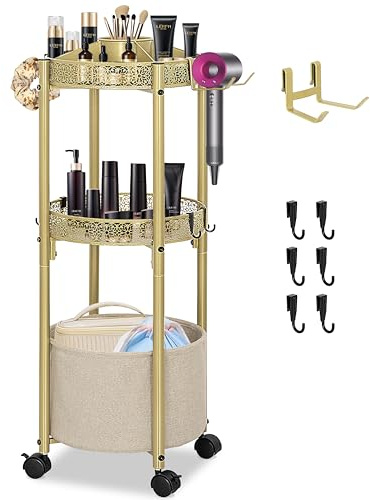 NauwaBarn 3-Tier Rolling Makeup Organizer Cart with Hair Dryer Holder - Salon-Grade Cosmetic Organizer, Mobile Bathroom Storage Cart for Skincare, Makeup Essentials -Locking Wheels (Gold Finish)