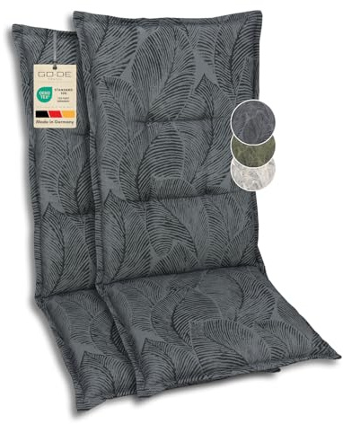 GO-DE Textil Bequeme und attraktive Polsterauflagen für Hochlehner-Gartenstühle (2er-Set, Blattmotiv groß anthrazit, Hochlehner)