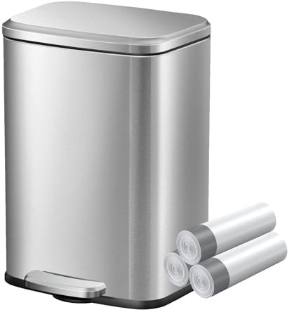 KSSKSS Kleiner Mülleimer Bad, 6 Liter Kosmetikeimer, Abfalleimer mit Deckel und Pedal, Tretmülleimer mit Absenkautomatik (Soft Close), Edelstahl, Badmülleimer mit Inneneimer, Rechteckig, Silber