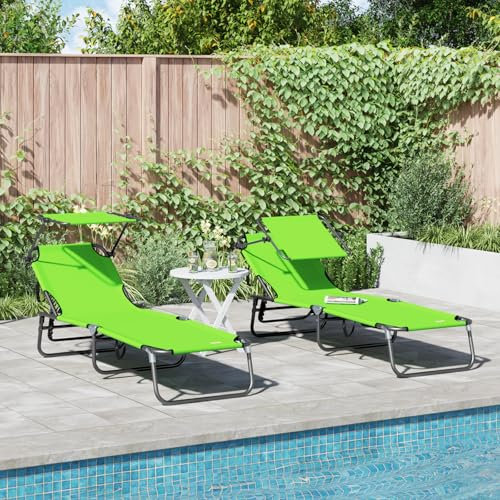 Makastle Sonnenliege Klappbare, 2er Set, 100 kg belastbar, Gartenliege mit Sonnendach für Pool & Strand, 56 x 190 x 81 cm Grün 600D Oxford-Stoff