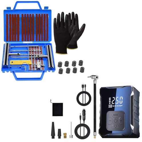 kit de reparación de neumáticos de automóviles 37 piezas + Compresor Aire Coche, Compresseur Air Portatif, neumático pinchado Meche para automóviles, motocicletas, camiones, ATV - Pack YIJIA
