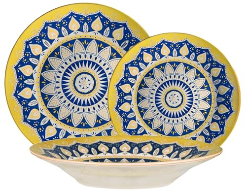 Sicignano | Servizio Piatti 18 Pezzi in Porcellana – 6 Piatti Piani Ø27 cm, 6 Fondi Ø23 cm, 6 Frutta Ø20 cm – Colori e Disegni Assortiti, Elegante per Uso Quotidiano e Tavola Moderna (Giallo)