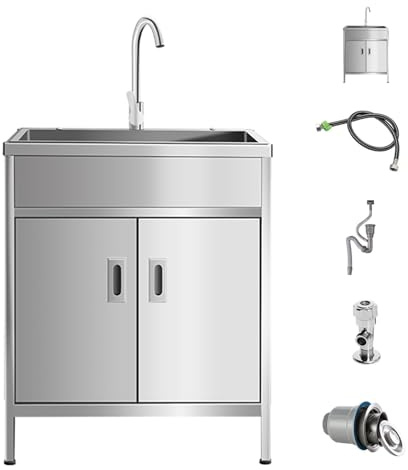 Fregadero Acero INOX con Patas Acero Independientes Fregadero Multiusos con Mesa De Trabajo Y Grifo Mezclador Frío Calor para Interior Y Exterior(B,55X45CM/22X18IN)