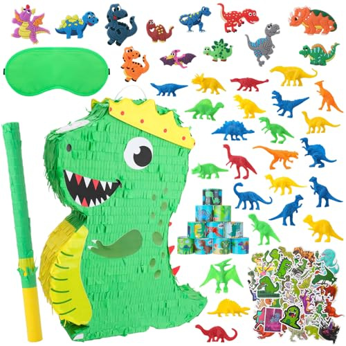 Kaisibum Dinosaurier Pinata Set Dino Pinjata Mit 24 Dino-Figuren, 12 Armbländern, Aufklebern & 12 Ringen, Inkl. Schlagstock & Augenbinde Für Dino Geburtstag, Schulanfang, Party