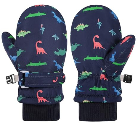 QKURT Kids Ski Mittens, Waterproof Winter Warm Snow Gloves, Cute Cartoon Dinosaur Gloves, Thick Fleece Lining Thermal Snowboard Skating Mittens for Boys Girls Aged 2-4