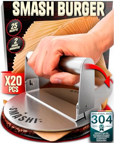 Aplastador de Hamburguesas Plegable Acero Inoxidable 304 + 20 Papeles antiadherentes - Smash Burger Kit Burger Smasher Profesional - Prensa Hamburguesas