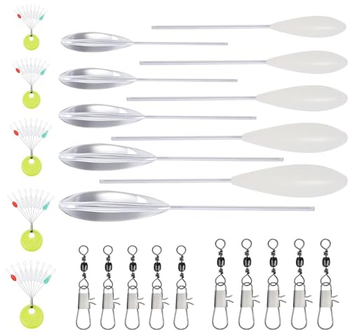 CATELL 25 Stück Sbirolino Set, 5 Pcs Spirolino Sinkend 5 Pcs Sbirolino Schwimmend 6g 8g 10g 15g 20g und 10 dreifachwirbel 5 Größen Schnurstopper Angeln Spirolino Forelle Set für Seichter Grund Fische