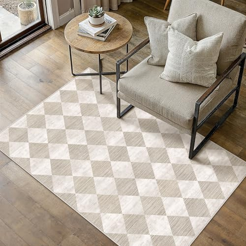 Purecozy Vardagsrumsmatta 80 x 150 cm beige halkfri maskintvättbar stor matta modern geometrisk rutmönster mattor sovrum lounge barnrum kortluggiga mattor