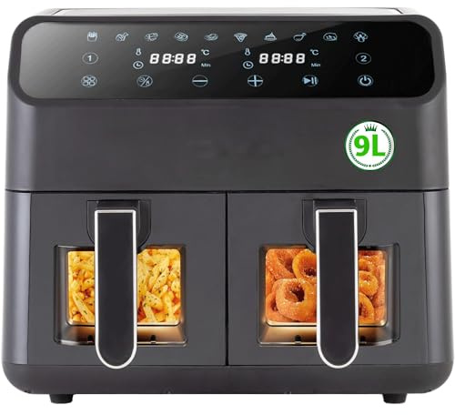 Heißluftfritteuse XXL 9L 2 Kammern mit Sichtfenster, 10 Programmen, 85% weniger Fett, Digital LED-Touchdisplay, 80-200°C, Schwarz