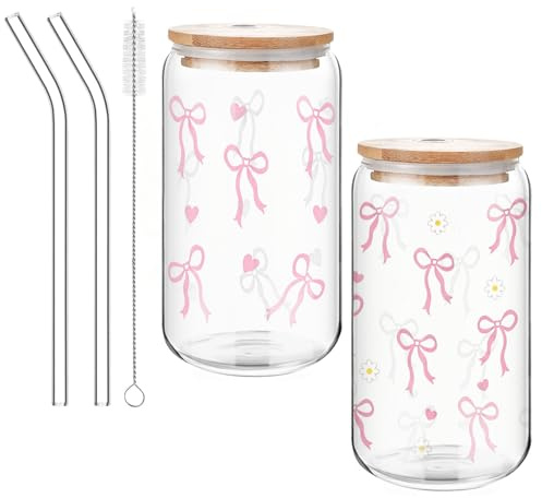 YunJoyous Iced Coffee Cup Glass Cups with Lids and Straws Drinking Glasses with Bamboo Lids and Glass Straw 500ml/17oz 2pcs Set Matcha Cup for Girls Friends for Coffee Milk Smoothie Design for Mother
