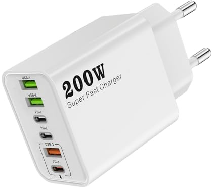 Cargador USB C 200W 6 Puertos con 3 USB-C PD y 3 USB-A para iPhone 16 | Cargador Múltiple USB Enchufe Carga Rápida de Pared Compacto con Protección para 15/14/13, iPad, Galaxy, Pixel