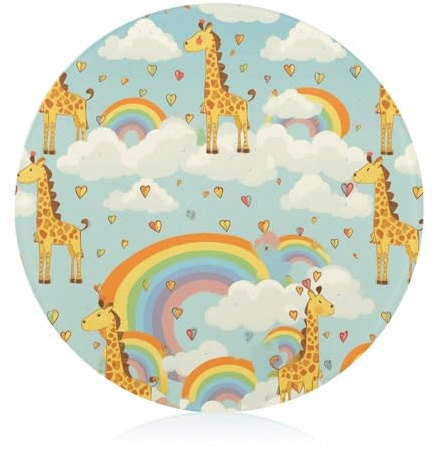 Cartoon Giraffe Rainbow And Clouds Cutting Boards Tempered Glass Chopping Board for Kitchen Multipurpose Cutting Surface Lightweight Round Butcher Block Unique Design Chopping Block