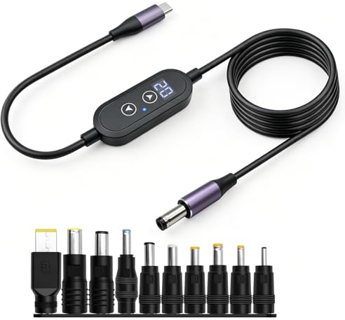 Hoembpn 1.2m PD to DC Power Adapter Cable, 140W Adjustable Voltage 5V/9V/12V/15V/20V/28V,Type-C Male to DC 5.5x2.1mm Male Universal Charger,10 DC Converter Plugs,for Laptops,Routers,Cameras,Printers