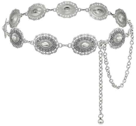 LEACOOLKEY Women Western Boho Chain Belt Country Concho Cowgirl Turquoise Chain Belt,silver