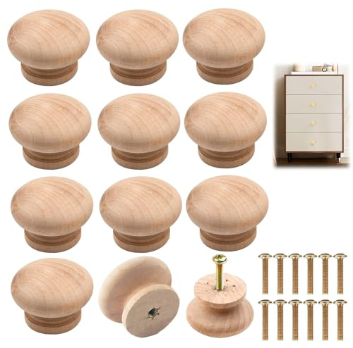 12 Pcs Natural Wooden Drawer Knobs, Mushroom Shape Cabinet Pulls with Screws, Single Hole Wood Door Handles for Cupboards, Dressers, Wardrobes, Office Furniture, Smooth Finish Rustic Style(27mm*23mm)