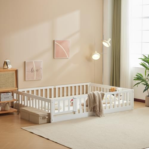 LEADZM 2in1 Bodenbett Montessori Kinderbett mit Tor, weiß, 90×200 cm | Rausfallschutz & Lattenrost, Gitterbett, Jugendbett & Einzelbett, 2 Größen, Tragfähigkeit bis 300 kg, umbaubar