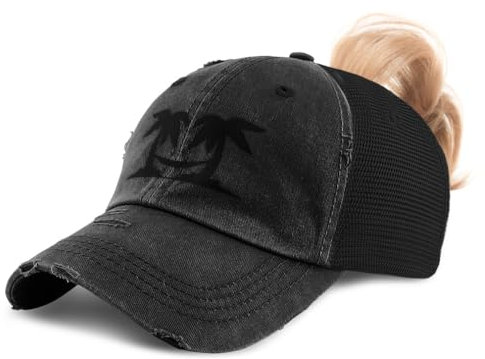 Custom Womens Ponytail Cap Black Palm Trees and Hammock Embroidery Cotton, Black Design Only, One Size