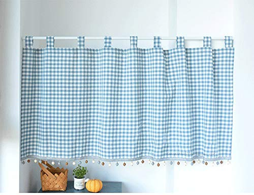 Yaland Élégant rideau à passants, à carreaux, avec bords boules, style maison de campagne, bistrot, avec embrasses, (H x l) 80 x 80 cm, bleu, 1 pièce