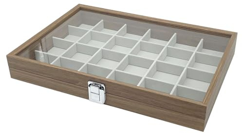 Holz Schmucklade 24 Fächer für Schmuck Ringe Ohrringe Halsketten Armbänder Schmuckkoffer Schmuckkasten Schmuckbox Aufbewahrung Schmuckdisplay Deckel aus Echtglas Schmuckschatulle