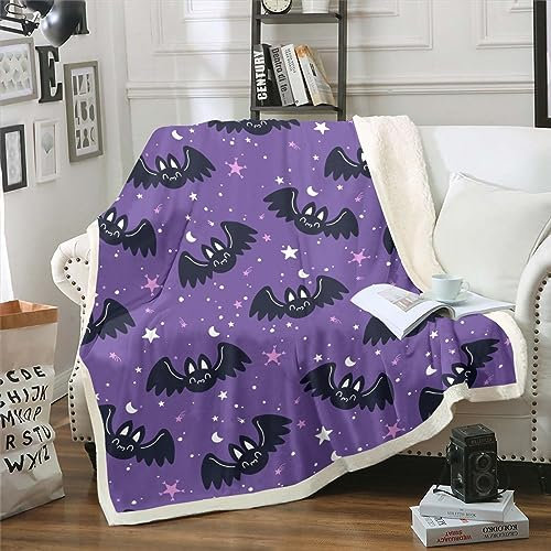 Nette Fledermaus Fleece Decke für Bett 229x229cm Glückliche Halloween Urlaub Wurf Decke für Kinder Mädchen Kawaii Sternenhimmel Sterne Mond Sherpa Decke Cartoon Tier Warme Fuzzy Decke Schwarz Lila