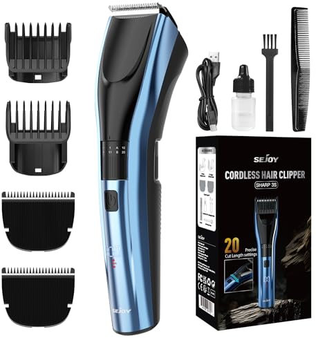 Sejoy Cortapelos para hombres, cortapelos inalámbricos para corte de pelo profesional para hombre, recortadora de pelo recargable, pantalla LED, 20 longitudes ajustables, A-azul