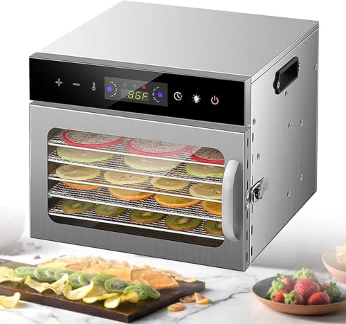 Hydravex Déshydrateur Alimentaire en Acier Inoxydable, séchoir à Fruits à 6/8/12/18 Plateaux avec réglage de température de 30 à 90 ℃, Max 24 h, déshydrateur Alimentaire pour légumes, viandes,6Tiers
