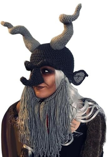 Jiqoe Damen-Hüte und Mützen, 3D-Stierhorn, Halloween-Partyhut, Erwachsene, Strickmütze, Festival, Kopfbedeckung, Dunkelgrau mit Bart, S-L