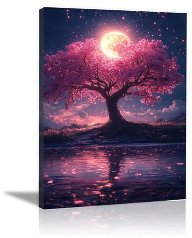 WQBQKKX Rose, or Tableau Décoration Murale Salon arbre de vie Impression sur Toile, Lac Moon Peintures Image sur Toile pour Chambre Maison Bain-30x45cm Encadrée