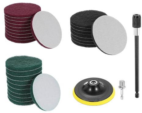 sourcing map 27 Pcs 5 Inch Nylon Hoop Scrubbing Pad 240/400/800 Grits Scrubber Scouring Pads Hoop and Loop Surface Conditioning Drill Scuffing Disc, Green/Red/Grey