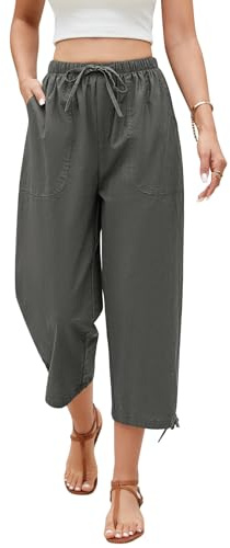 Niwicee Pantalons Femme Pantacourt Cargo d'été 3/4 Long Pantalon avec Poches Coton et Lin Palazzo Pantalon Décontracté avec Cordon Pantalon Fluide Femme (Gris, S)