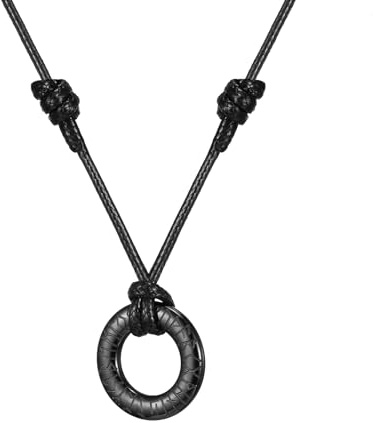 AFSTALR Collier Viking Runique Homme Nordique Viking Runes Acier Inoxydable Anneau Cercle Talisman Noir avec Chaîne Cuir Noir Collier Homme Cadeau Bijoux Longueur Réglable 36cm-60cm