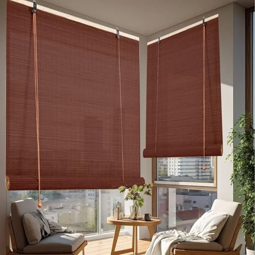 Bambus Rollos Outdoor Wetterfest Balkon Bambusrollo 70% Verdunkelungsrollos Raffrollo Jalousine 60 80 90 100 120 140 160 170 180cm Breite Dekorative/Sichtschutz Für Fenster(Brown)